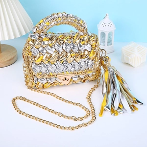 Handmade woven crossbody bag with gold chain and tassel charm, stylish women shoulder handbag.