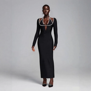 Elegant black long sleeve deep V-neck evening dress with pearl embellishments