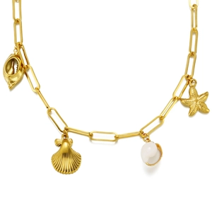 18K gold plated stainless steel necklace featuring starfish and seashell ocean pendants