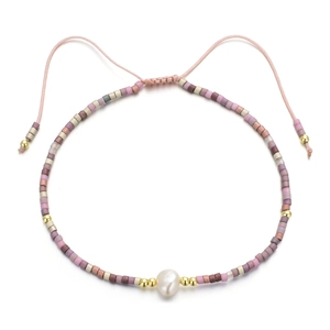 Bracelet fait main en perles Miyuki avec perle baroque naturelle et cordon rose ajustable