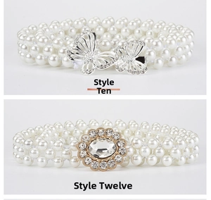 Detail of elegant stretch pearl belts with crystal butterfly and flower buckles