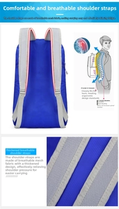 Detail of blue outdoor backpack featuring ergonomic breathable mesh shoulder straps