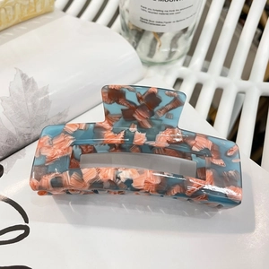 French style rectangular acetate hair claw clip with blue and orange marble texture