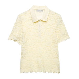 Women Floral Lace Short Sleeve Polo Shirt Scalloped Hem Button Down Elegant Sweet Casual Blouse Light Yellow