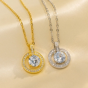 Luxury Titanium Steel Rhinestone Pendant Necklace For Women Round Double Circle Inlaid Clavicle Chain Gold Silver Plated Elegant Fashion Jewelry Gift