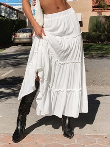 Women White Tiered Maxi Skirt Bohemian High Waist Layered Polyester Cake Skirt For Summer Vacation Casual Solid Color