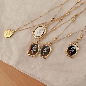 French retro mirror necklaces with rose flower pendants on gold finish bead chains
