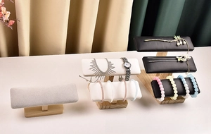 T-bar wooden jewelry display stand with velvet cushions for necklaces and watches