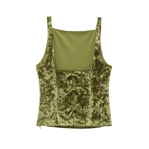 Moss green velvet camisole top with open back and triple bow details on white background