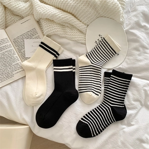 Flat lay of soft wool blend crew socks with black and white stripes for women