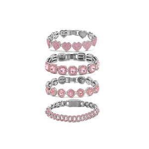 4-piece silver Cuban chain bracelet set with pink rhinestones in heart and square shapes