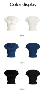 Detailed color display of Y2K slim fit V-neck crop tops in apricot blue and black colors