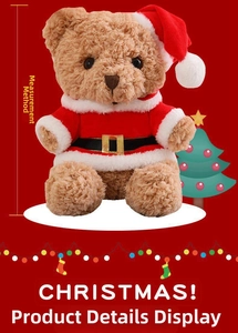 Detailed view of Christmas teddy bear plush in Santa outfit with red festive background