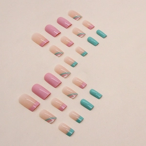 Pink and mint green striped press-on nails with minimalist French luxury square shape
