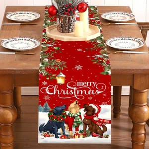 Christmas table runner with festive puppy pattern and Merry Christmas text on wooden table