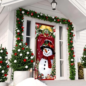 Outdoor Christmas snowman door banner with red wood style and festive gift decorations