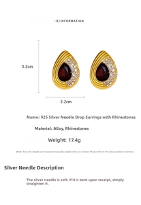 Detail view of vintage water drop earrings with red stone, rhinestones and size measurements
