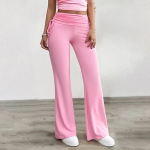 Pantalon de détente rose à jambes larges pour femmes avec taille haute et cordon plissé
