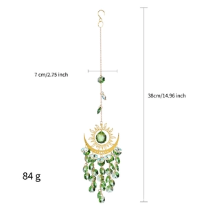 Garden suncatcher with gold crescent moon and green crystals, 38cm total length