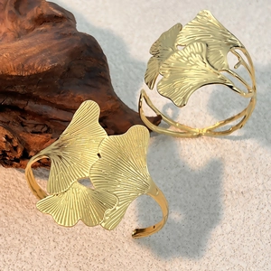 Ginkgo Leaf Cuff Bracelet 18K Gold Plated 304 Stainless Steel Open Adjustable Vintage Elegant Jewelry For Women