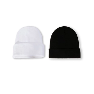 Minimalist knit beanie set in black and white colors with ribbed texture for winter warmth