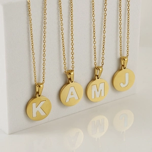 18K gold plated stainless steel initial necklaces with white shell round pendants K A M J
