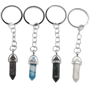 Set of four hexagonal crystal stone keychains in black, green, and blue for women