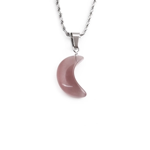 Detail of silver twist chain with crescent purple crystal pendant on white background