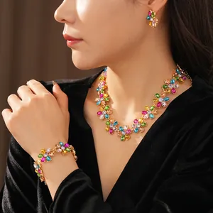 Luxury vintage set with colorful crystal flower necklace, bracelet and earrings in gold