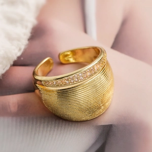 18K gold plated geometric open ring with textured lines and sparkling zircon stones