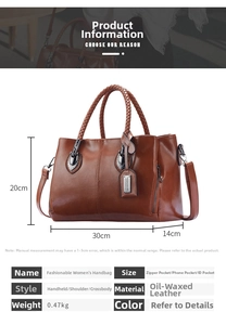 Detailed view of brown oil wax leather Boston bag showing 30x20x14cm dimensions