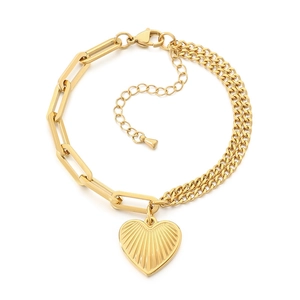 18K gold plated stainless steel bracelet featuring starburst heart pendant and mixed chain link