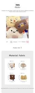 Detail of plush cartoon rice ball and bread hair ties with weight and size parameters