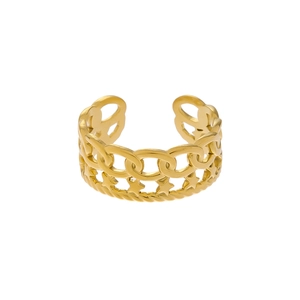 Detailed view of gold plated open ring featuring hollow chain and star patterns