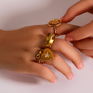 Stainless Steel 18K Gold Plated Adjustable Open Rings Heart Geometric Irregular Wave Leaf Shape Ins Style Jewelry For Women