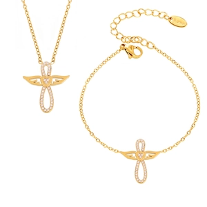 Parure collier et bracelet avec pendentif croix aile d'ange en acier inoxydable doré