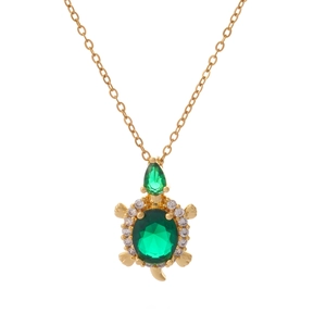Gold-plated turtle necklace with large green center stone and sparkling zircon details