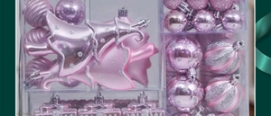 Close-up of pink and silver Christmas ornaments set in a gift box with glitter finish