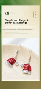 Detail view of Christmas hat earrings with red and white rhinestones and silver hooks