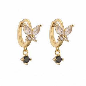 Golden butterfly drop earrings with clear zircons and black crystal pendants