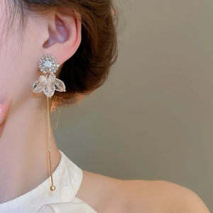 Detail view of gold tassel earrings with crystals on a model showcasing the fringe design
