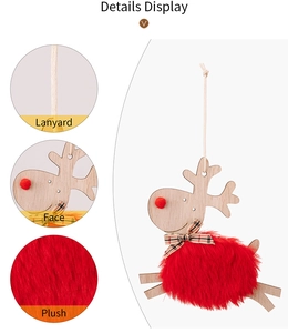Detail of wooden Christmas reindeer ornament with red plush belly and plaid bow