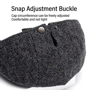 Grey herringbone wool flat cap with adjustable metal buckle for a custom fit
