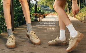 Detail of cotton ruffle cuff socks in white and grey colors for spring and autumn