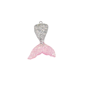 Close-up of pink gradient resin mermaid tail pendant with glitter and scale texture