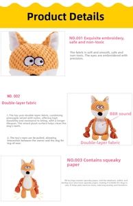 Fox plush dog toy with squeaker, crinkle legs and durable cotton pull ropes for training