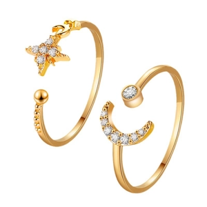 Adjustable Star Moon Open Ring Copper Gold Plated White Zirconia Micro Inlaid Elegant Celestial Jewelry For Women