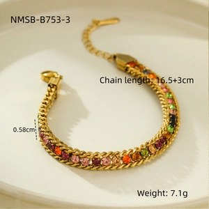 Detailed size specifications for a gold bracelet with colorful cubic zirconia stones
