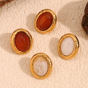 Oval Stud Earrings Vintage Hammered Texture 18K Gold Plated Stainless Steel Natural Stone Elegant Luxury Women Jewelry