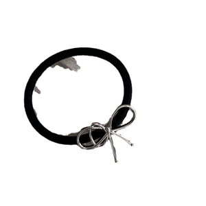 Lazy style black hair tie with vintage silver alloy bow ornament for women